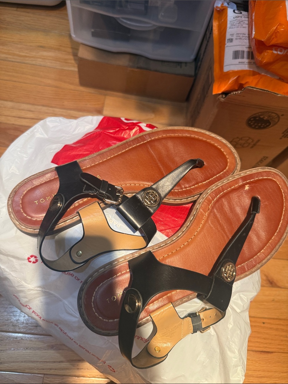 Tommy Hilfiger Black and Tan Leather T-Strap Sandals